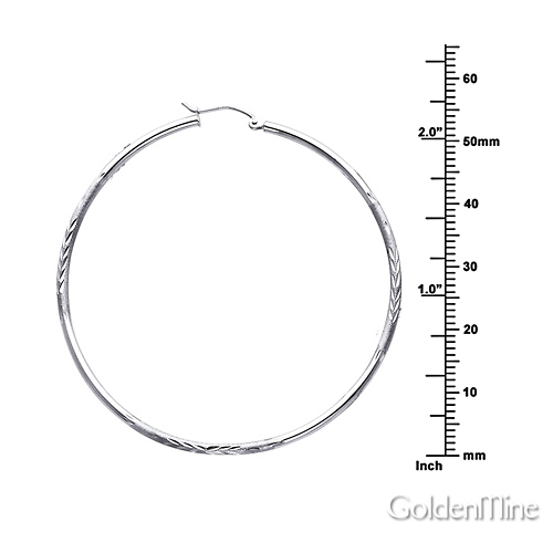 Diamond-Cut Satin Hinge Large Hoop Earrings - 14K White Gold 2mm x 2.16 inch Slide 1