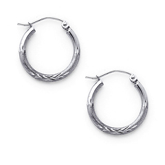 Diamond-Cut Satin Hinge Small Hoop Earrings - 14K White Gold 2mm x 0.7 inch