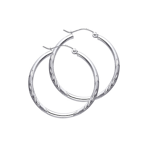 Diamond-Cut Satin Hinge Medium Hoop Earrings - 14K White Gold 2mm x 1.2 inch Slide 0