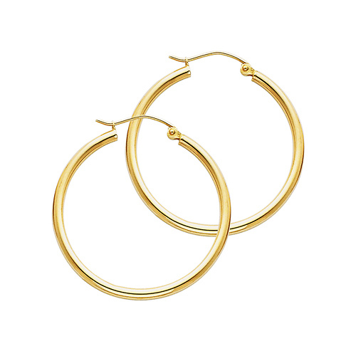 Polished Round Medium Hoop Earrings - 14K Yellow Gold 2mm x 1.38 inch Slide 0