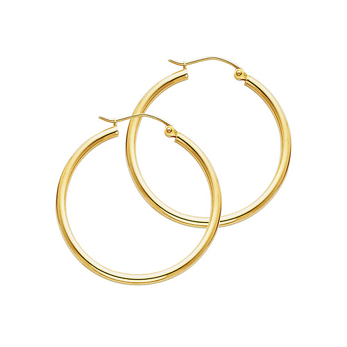 Polished Round Medium Hoop Earrings - 14K Yellow Gold 2mm x 1.2 inch Slide 0
