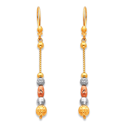 Long 5-Beaded Diamond-Cut Dangle Earrings in 14K Tricolor Gold 50mm Slide 0