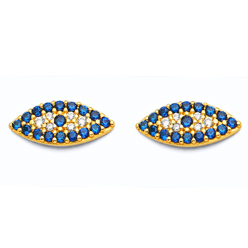 Blue CZ Evil Eye Stud Earrings in 14K Yellow Gold Slide 0