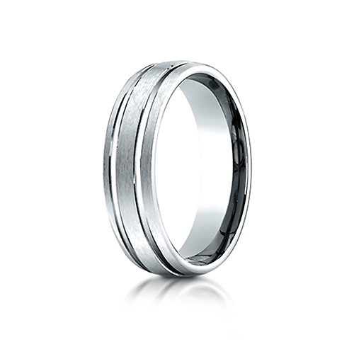 6mm 14K White Gold Parallel Grooves Benchmark Wedding Band Slide 0