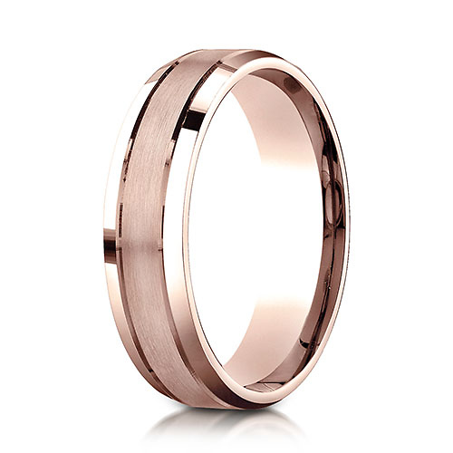 6mm 14K Rose Gold Satin Grooved Beveled Wedding Band Ring by Benchmark Slide 0