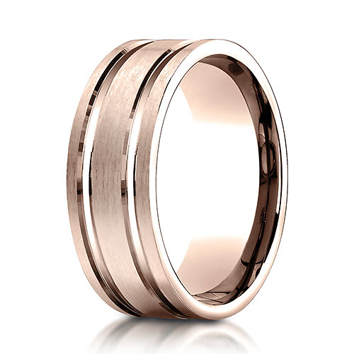 8mm 14K Rose Gold Parallel Grooves Benchmark Wedding Band Slide 0