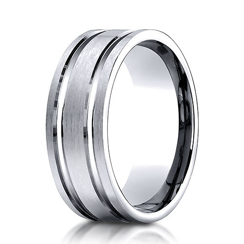 8mm 14K White Gold Parallel Grooves Benchmark Wedding Band Slide 0