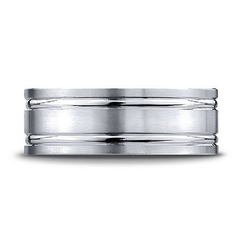 8mm 14K White Gold Parallel Grooves Benchmark Wedding Band Slide 1