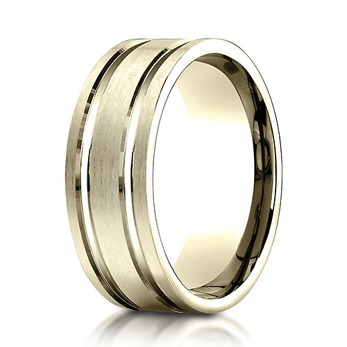 8mm 14K Yellow Gold Parallel Grooves Benchmark Wedding Band Slide 0