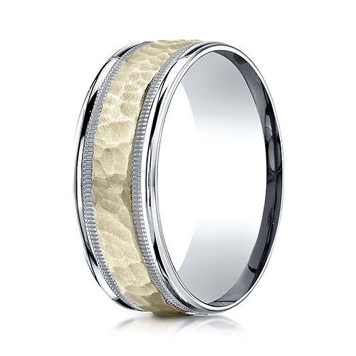 8mm 14K Two Tone Gold Hammered Benchmark Wedding Band Slide 0
