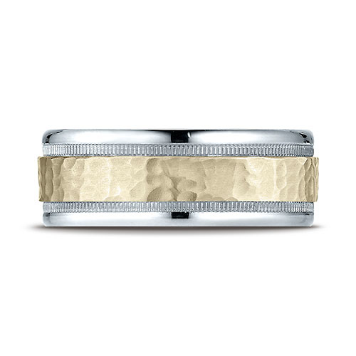 8mm 14K Two Tone Gold Hammered Benchmark Wedding Band Slide 1