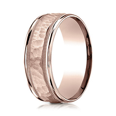 8mm 14K Rose Gold High Polished Hammered Milgrain Benchmark Wedding Band