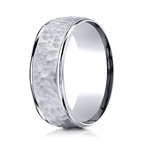 8mm 14K White Gold High Polish Hammered Benchmark Wedding Band Slide 0