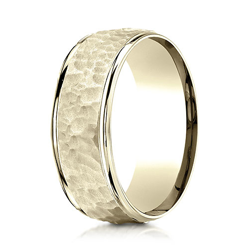 8mm 14K Yellow Gold High Polish Hammered Benchmark Wedding Band Slide 0