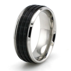 8mm Two-Tone Black Grooved Stainless Steel Ring