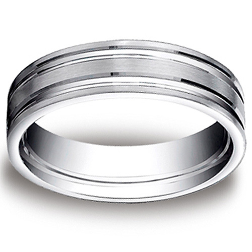 6mm Flat Striped Comfort Fit 14K White Gold Benchmark Wedding Ring Slide 0
