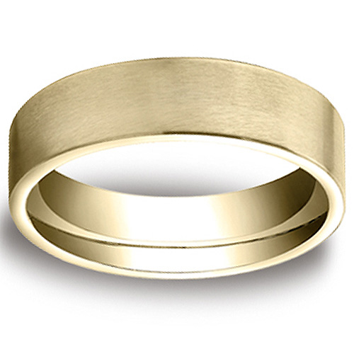 6mm Flat Brushed Comfort Fit 14K Yellow Gold Benchmark Wedding Band Slide 0