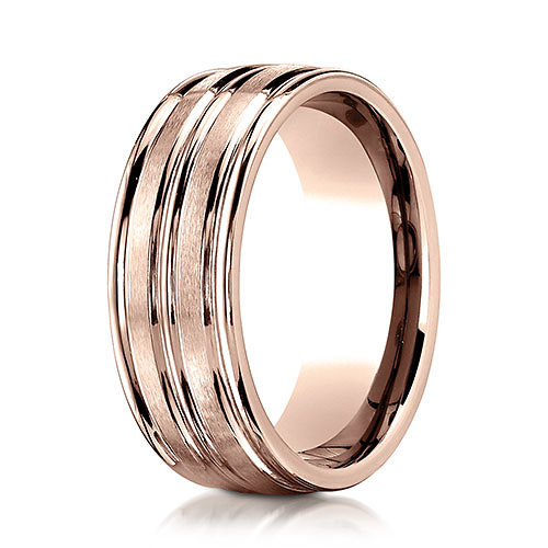 8mm 14K Rose Gold Center Groove Satin Finish Benchmark Wedding Band Slide 0