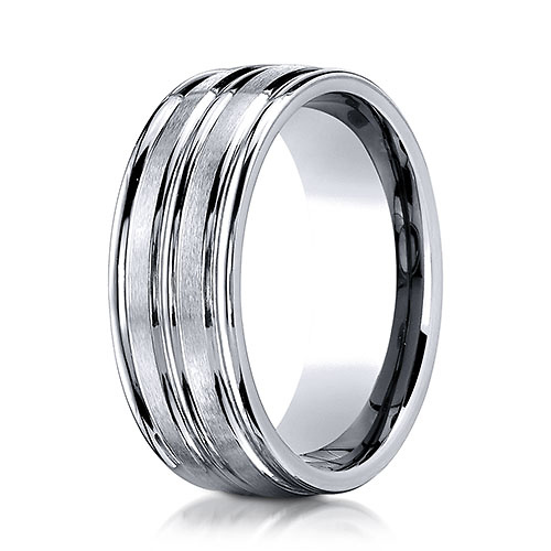 8mm 14K White Gold Center Groove Satin Finish Benchmark Wedding Band Slide 0