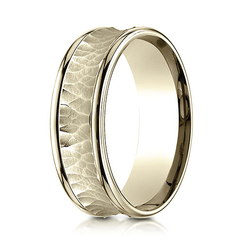 7.5mm 14K Yellow Gold Hammered Concave Benchmark Wedding Band Slide 0