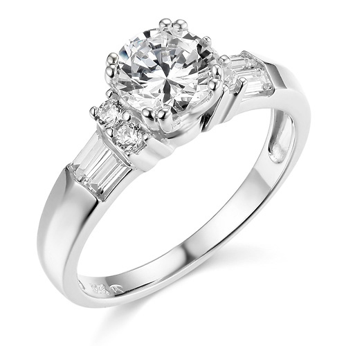 1.25CT Round & Baguette Double-Prong CZ Engagement Ring in 14K White Gold Slide 0