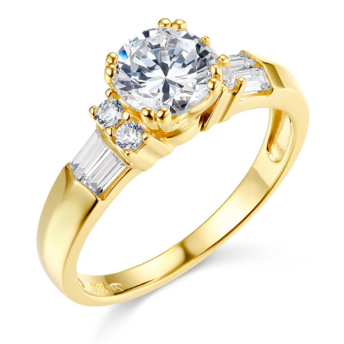 1.25CT Round & Baguette Double-Prong CZ Engagement Ring in 14K Yellow Gold Slide 0