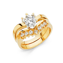 Contour Round-Cut & Marquise Side CZ Engagement Ring Set in 14K Yellow Gold