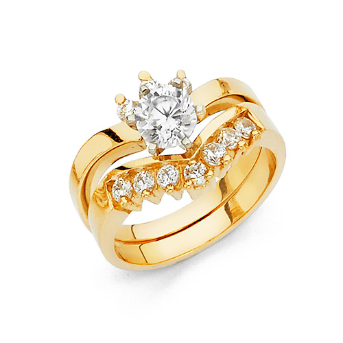 Contour Round-Cut & Marquise Side CZ Engagement Ring Set in 14K Yellow Gold Slide 0