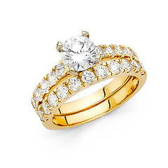 1-CT Round-Cut & Fishtail Side CZ Engagement Ring Set in 14K Yellow Gold