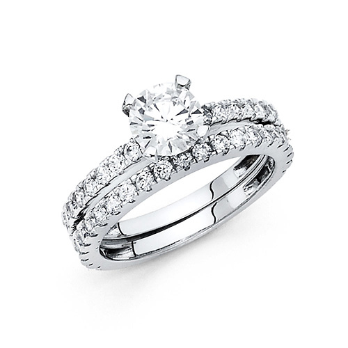 1-CT Round 4-Prong with Fishtail Side CZ Engagement Ring Set in 14K White Gold Slide 0