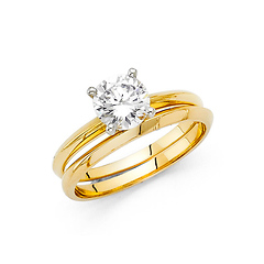 1CT Two Tone Round-Cut Knife-Edge CZ Engagement Ring Set in 14K Yellow Gold