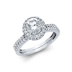 1.25CT Round & Pave Halo with Side Fishtail CZ Engagement Ring Set in 14K White Gold