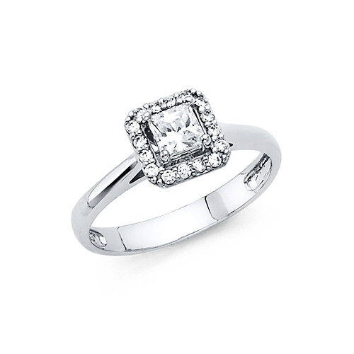 Square Halo Cathedral with Bridge Accent CZ Engagement Ring in 14K White Gold Slide 0