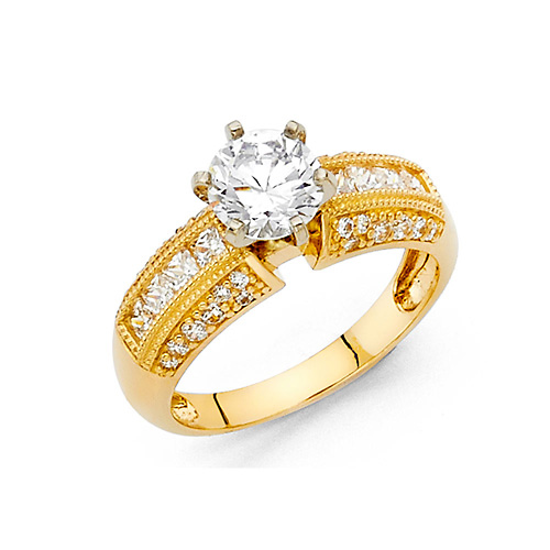 1-CT Round 4-Prong & Regal Princess Side CZ Engagement Ring in 14K Yellow Gold Slide 0