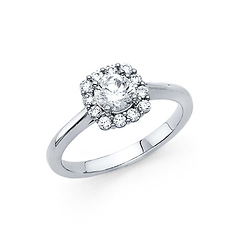 Round Halo Double-Prong Cathedral CZ Wedding Ring in 14K White Gold