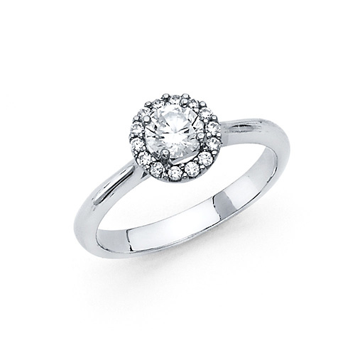 Cathedral Round Halo CZ Wedding Ring in 14K White Gold Slide 0