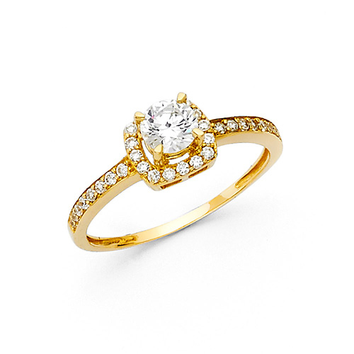 4-Prong Round Halo & Pave Sides CZ Wedding Ring in 14K Yellow Gold Slide 0