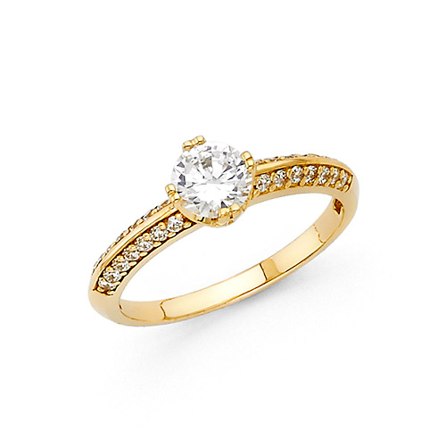 Round Double-Prong Diagonal & Pave Knife-Edge CZ Wedding Ring in 14K Yellow Gold Slide 0