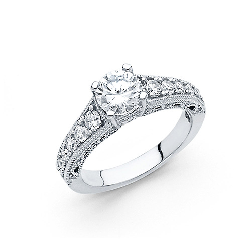 4-Prong Round Basket-Set & Pave Side CZ Wedding Ring in 14K White Gold Slide 0