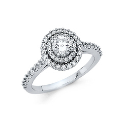 Round Halo & Scalloped Sides Cathedral CZ Engagement Ring in 14K White Gold