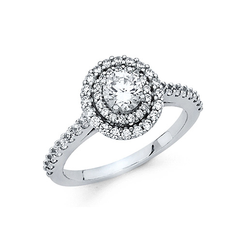 Round Halo & Scalloped Sides Cathedral CZ Engagement Ring in 14K White Gold Slide 0