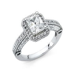 Vintage Halo 1.5-CT Radiant-Cut & Pave Round Side CZ Engagement Ring in 14K White Gold