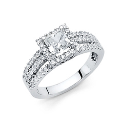 3-Row Scalloped Split Shank Side Halo Princess-Cut CZ Wedding Ring in 14K White Gold