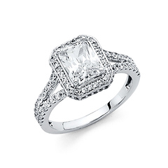 Scalloped Split Shank 1.75-CT Radiant-Cut Halo CZ Engagement Ring in 14K White Gold