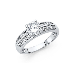 1-CT Round-Cut Prong-Set & 2 Row Pave side stones CZ Wedding Ring in 14K White Gold