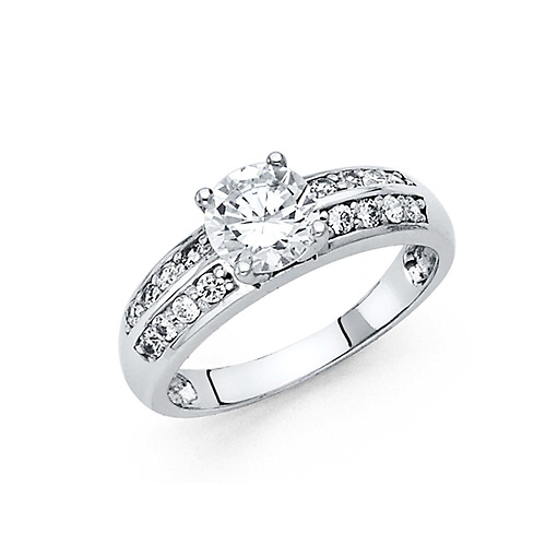 1-CT Round-Cut Prong-Set & 2 Row Pave side stones CZ Wedding Ring in 14K White Gold Slide 0