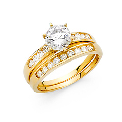 6-Prong Round & Channel-Set 1-CT CZ Engagement Ring Set in 14K Yellow Gold