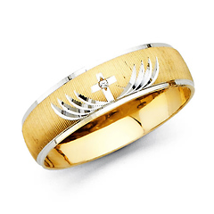 Satin Polished Carved CZ Christian Cross Wedding Band - 14K Two-Tone Gold