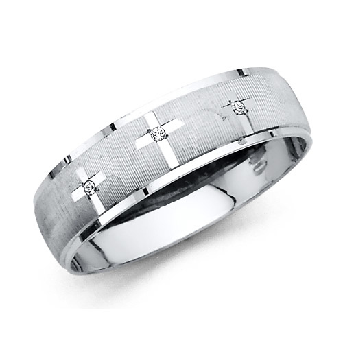 5.5mm Three Cross CZ Christian Wedding Band - 14K White Gold Slide 0