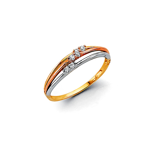 CZ Double Strand Ring Band in 14K Tricolor Gold Solid Slide 0